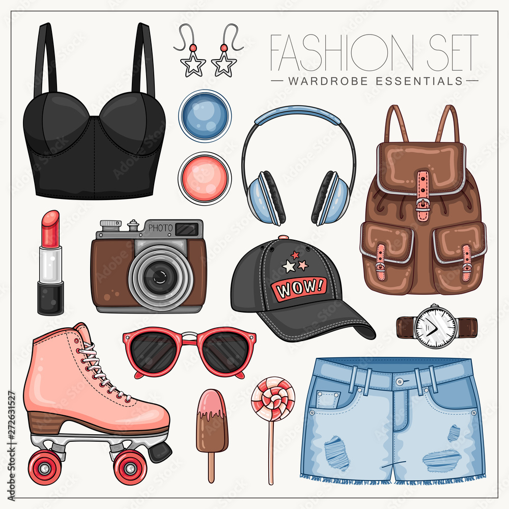 Woman fashion summer clothes, cosmetics, accessories set with roller  skates, headphones, cap, photo camera, jeans shorts and backpack Stock  Vector | Adobe Stock