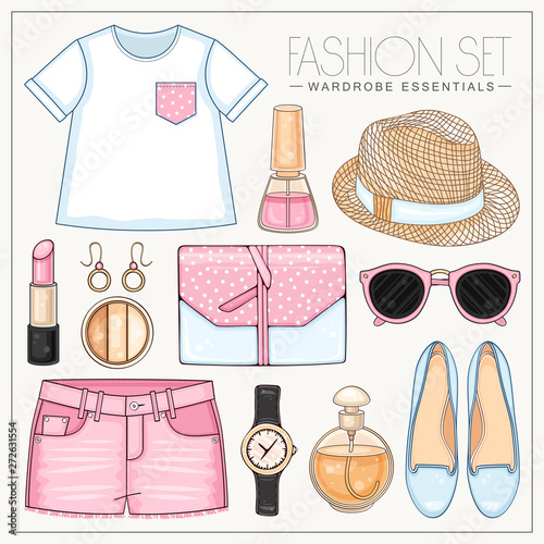 Woman fashion summer clothes, cosmetics and accessories set with pink polka dot top, bag, hat, sunglasses and shorts