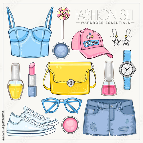 Woman fashion summer clothes, cosmetics and accessories set with top, bag, cap, sunglasses, sneakers and jeans shorts