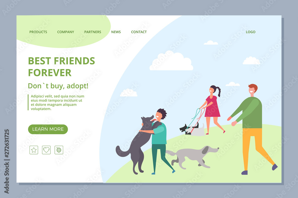 Happy people with adopt dogs. Dont buy, adopt vector landing page template. Adoption dog or pet, animal friend adopted illustration