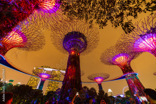 SINGAPORE - APRIL 25 2019 : Singapore Night Skyline at Gardens b