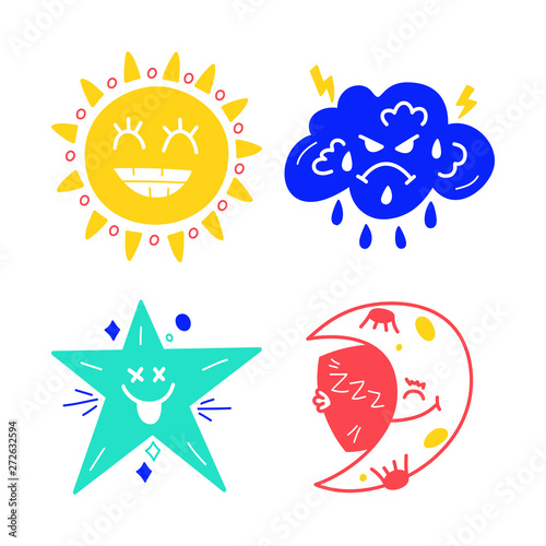 Cute kawaii hand drawn collection with character cloud, sun, star and moon. Vector illustration. Weather set