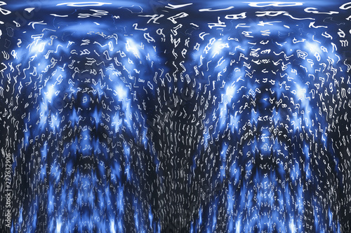 Blue matrix digital background. Distorted cyberspace concept. Characters fall down. Matrix from symbols stream. Virtual reality design. Complex algorithm data hacking. Cyan digital sparks.