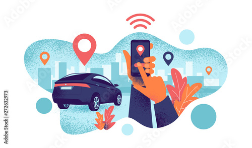 Autonomous wireless remote connected car sharing service controlled via smartphone app. Hands holding phone with location mark of smart electric car in modern city skyline. Grain style illustration.