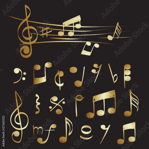 Gold musical note of set vector collection. Illustration of musical note and key, classical symbol for melody