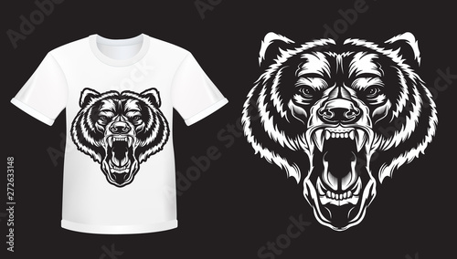 Angry bear face Shirt mockup. Furious angry face of bear with open mouth and terrible teeth as symbol of strength and aggressiveness. Grunge style  print for sport wear.