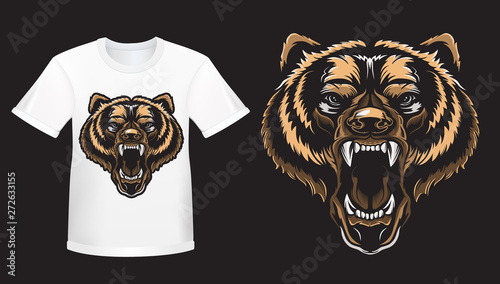 Angry bear face Shirt mockup. Furious angry face of bear with open mouth and terrible teeth as symbol of strength and aggressiveness. Grunge style  print for sport wear.