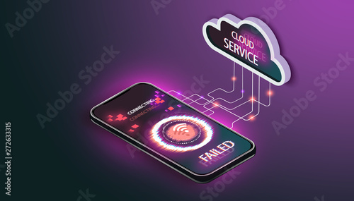 Cloud Computing Concept. Data protected exchange on smart phone or other mobile device and online storage. Cloud Technology illustration. Glith screen.