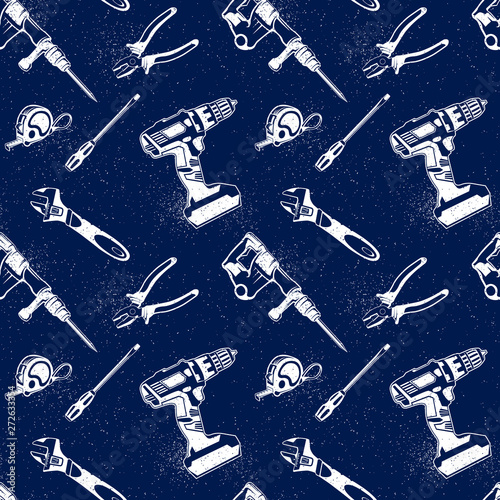 Repair and construction tools seamles pattern. Illustration of toolbox for renovation. Tools like hammer, axe, ruler, hatchet, screwdriver and wrench for home repair. 