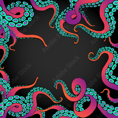 Futuristic  page template with colorful tentacles of an octopus frame, ocean motive flat cute cartoon illustration for web and print, cute decoration.