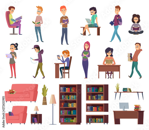 Students with books. People in library reading in bibliotheque school knowledge characters vector illustrations. Student character in library, education with literature
