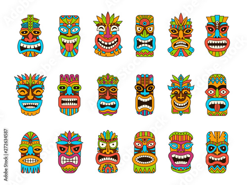 Tiki masks. Tribal hawaii totem african traditional wooden symbols vector colored mask illustrations. Tiki totem, hawaii mask exotic, african face wooden sculpture photo