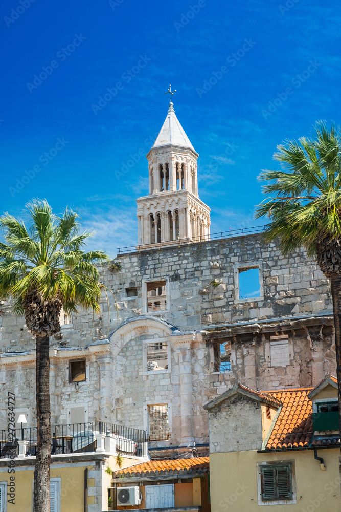 Obraz premium Split, Croatia, walls of palace of Roman emperor Diocletian from 3rd century, world heritage site, tower of cathedral in background