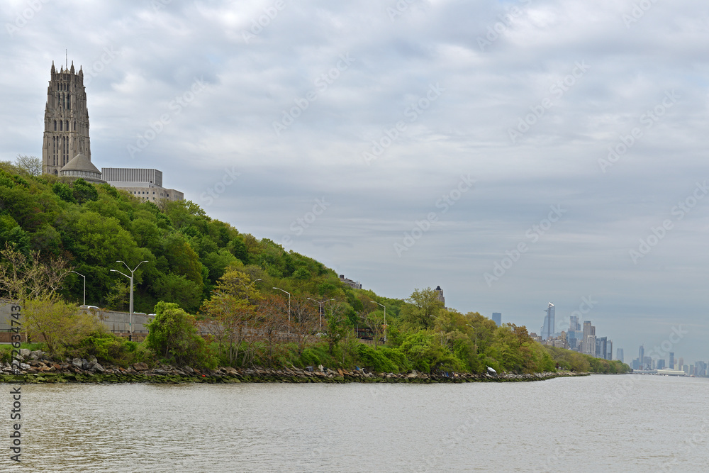 View from Hudson River to Riverside Church and Riverside park, in distance Midtown. New York City, United States