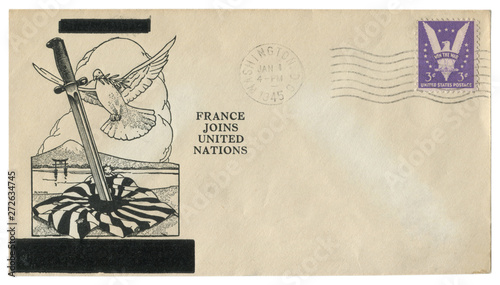 Washington, D.C., The USA - 1 January 1945: US historical envelope: cover with a cachet The bayonet stabbed into the Japanese flag. White dove of peace with olive branch. France joins united nations. 
