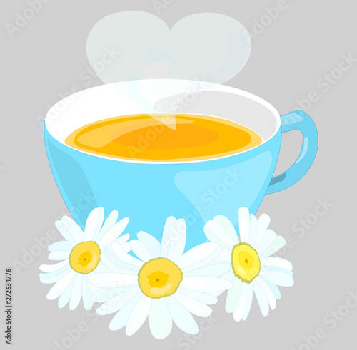 Chamomile. Chamomile tea. Blue mug of tea. Vector