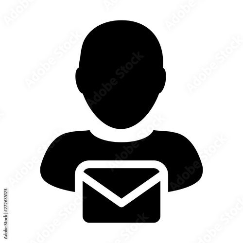 Work icon vector male user person profile avatar with envelope symbol for mail communication in glyph pictogram illustration