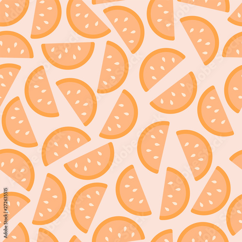 Orange segments simple vector seamless pattern. Bright orange cantles with seeds. Fruit pattern, food illustration.