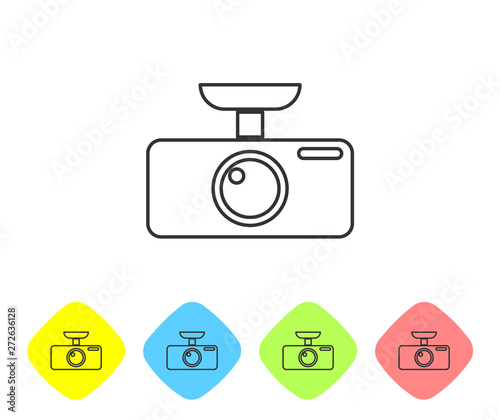 Grey Car DVR line icon isolated on white background. Car digital video recorder icon. Set icon in color rhombus buttons. Vector Illustration