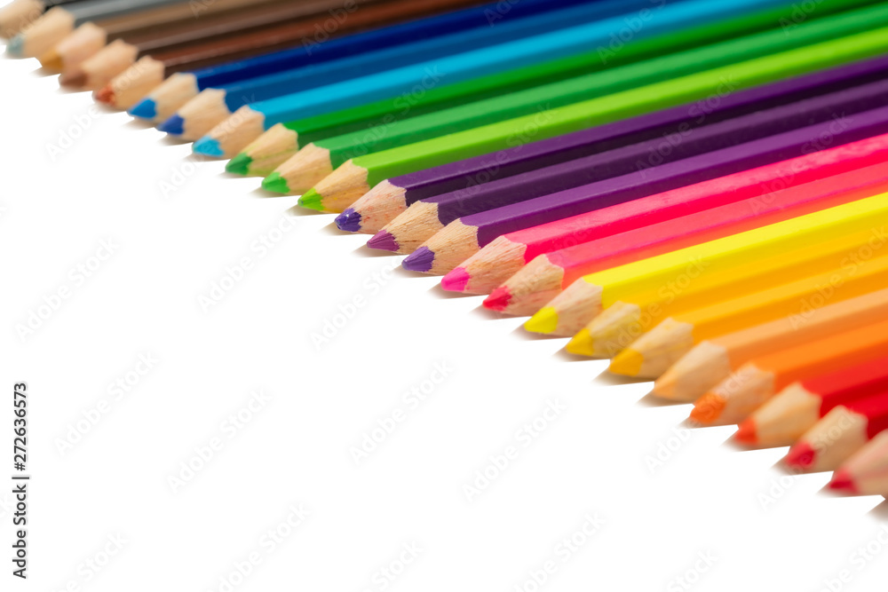select focus, close up ,Color pencils with copy space on isolated white background select focus, close up ,Color pencils with copy space on isolated white background
