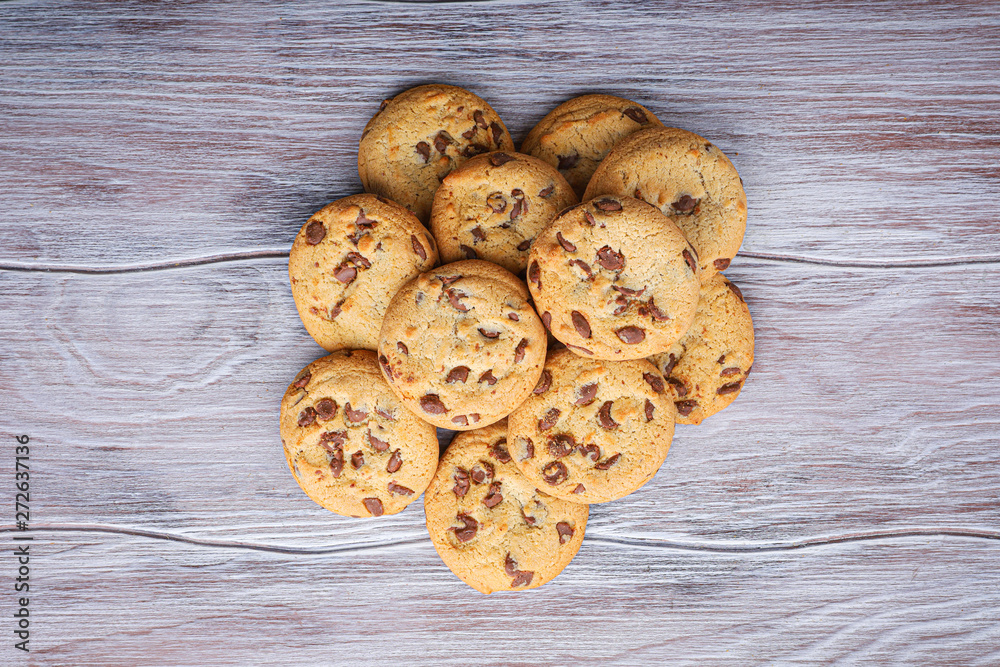 Cookies with chocolate closeup. Homemade cookies. A mountain of cookies.