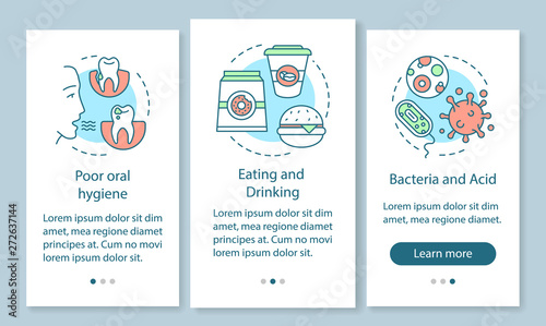 Tooth diseases causes onboarding mobile app page screen with linear concepts