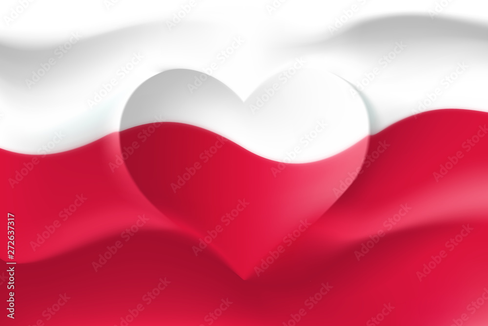 Poland with love. Polish national flag with heart shaped waves
