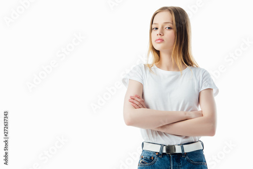 offended teenage girl with crossed arms isolated on white