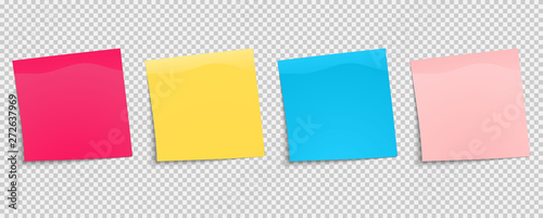 Set of multi-colored stickers. Sticky notes paper. Collection of different colored sheets of note papers with curled corner. Front view. Ready for your message