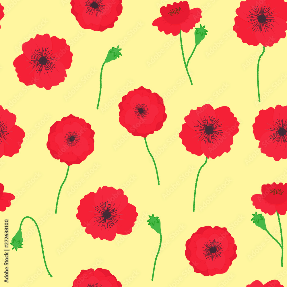 Seamless pattern with beautiful flowers of poppies on yellow background. For wallpapers, decoration, invitation, fabric and textile print, web page background, gift and wrapping paper. Seamless pattern with beautiful flowers of poppies on yellow background. For wallpapers, decoration, invitation, fabric and textile print, web page background, gift and wrapping paper.