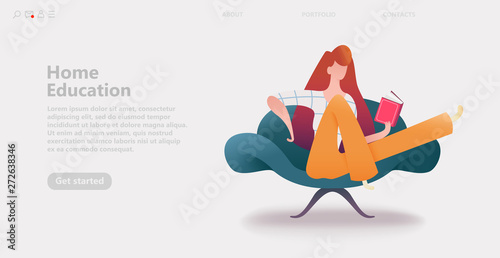 Self-education concept. Young woman or girl with a magnificent hairstyle in a comfortable chair and reads a book. Online education isolated vector illustration cartoon character.