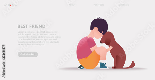 Kid hugs the dog. Hugs with animals. Cartoon vector illustration for a landing page banner