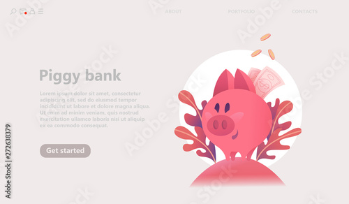 Pig piggy bank concept. Pink coin box,   save money. Modern bright Isolated illustration web banner for stinging page - vector
