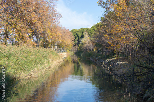Canal Imperial of Aragon landscape in begining of autumn colors