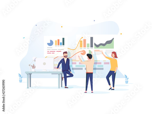 People interacting with charts and analyzing statistics. Data visualization concept. 3d vector illustration. People work