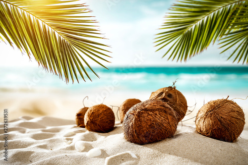 Fototapeta Naklejka Na Ścianę i Meble -  Fresh coconuts on beach and summer time. green palms leaves and ocean landscape 