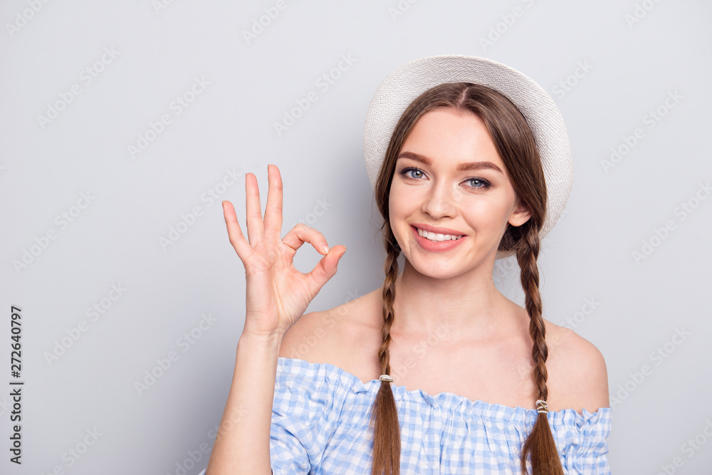 Portrait of nice cute pretty lady choice decision feel content nice her shirt plaid modern outfit isolated grey silver background Portrait of nice cute pretty lady choice decision feel content nice her shirt plaid modern outfit isolated grey silver background
