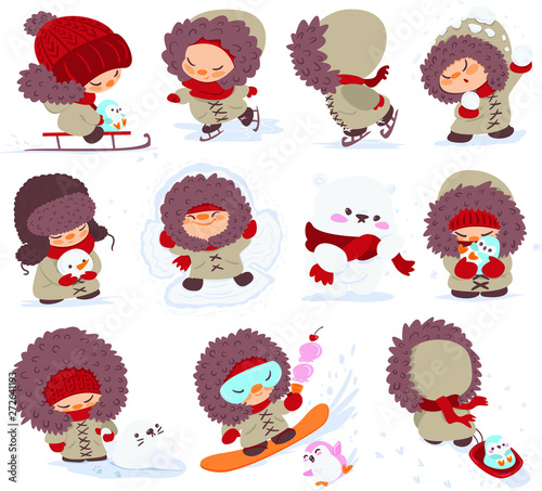 Cute Cartoon Winter Characters Set, Kids and Animals having Fun. Sledding, Snowboarding, Ice Skating with Penguins.