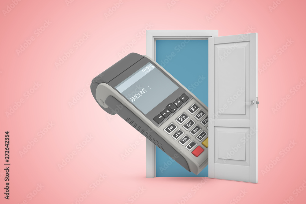 3d rendering of open door on pink gradient background and huge point-of-sale terminal in doorway. 3d rendering of open door on pink gradient background and huge point-of-sale terminal in doorway.