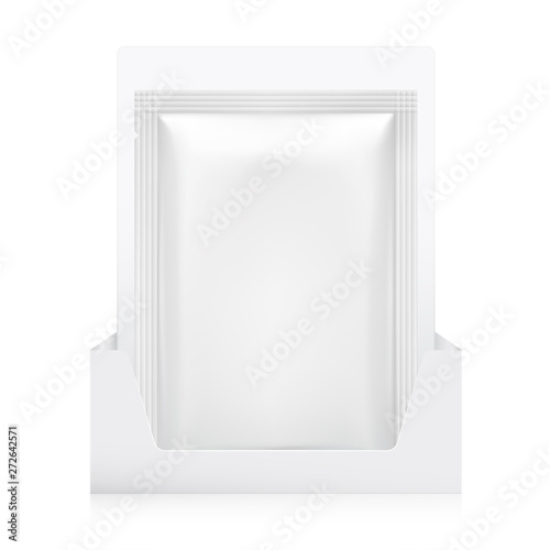 Set of blank sachet packaging in the box mockup for food, cosmetic and hygiene. Vector illustration on white background. Ready for your design. EPS10.