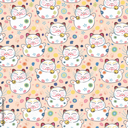 Fototapeta Naklejka Na Ścianę i Meble -  Pink vector repeat pattern with happy maneki neko cat and pastel ornamental florals. Japan inspired pattern. Comic style. Perfect for paper and textile projects or events. Surface pattern design.