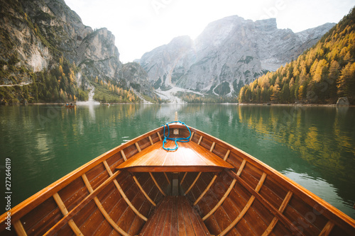 Obraz na płótnie Traditional rowing boat at Lago di Braies in the Dolomites w salonie