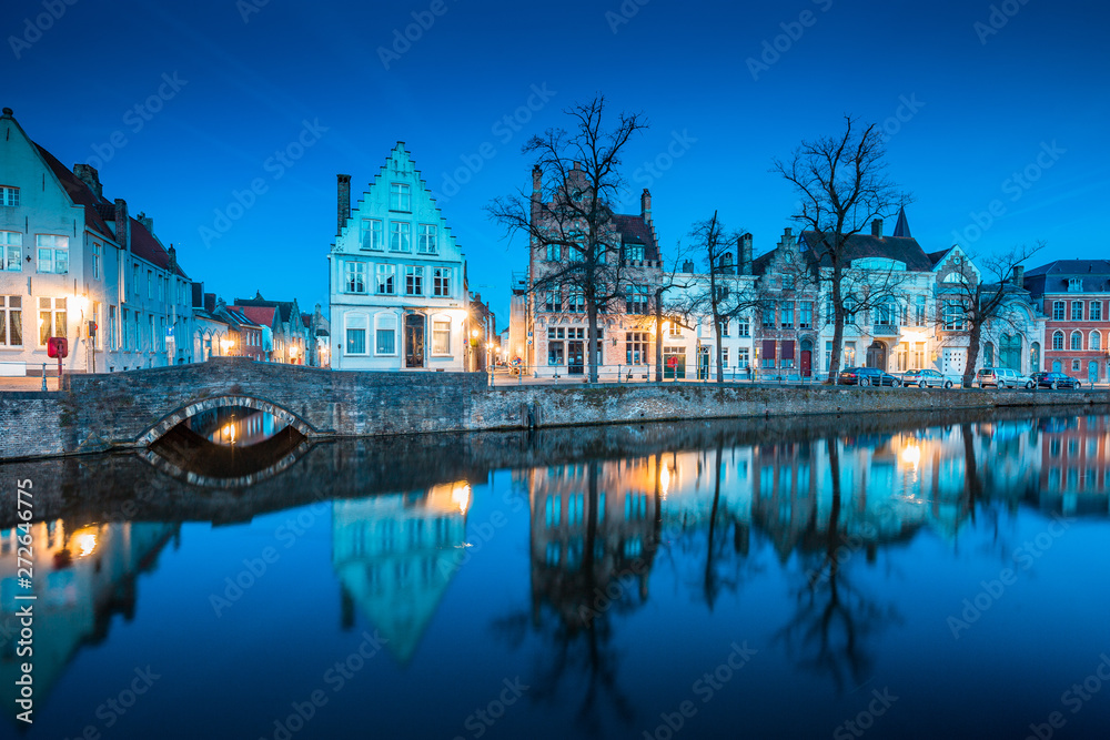 Historic Brugge city center with buildings at canal at twilight, Flanders, Belgium