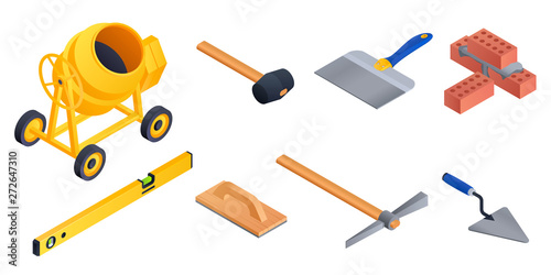 Masonry worker icons set. Isometric set of masonry worker vector icons for web design isolated on white background