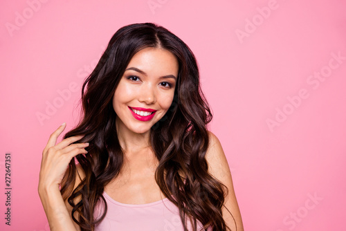 Close-up portrait of her she nice-looking glam luxurious shine attractive charming winsome lovely lovable magnificent cheerful cheery girl isolated over pink pastel background