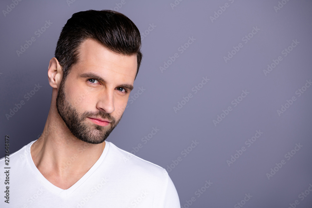 Close up photo amazing he him his macho perfect ideal appearance neat bristle face calm not talk tell speak say smile ponder pensive contemplation wear casual white t-shirt isolated grey background Close up photo amazing he him his macho perfect ideal appearance neat bristle face calm not talk tell speak say smile ponder pensive contemplation wear casual white t-shirt isolated grey background
