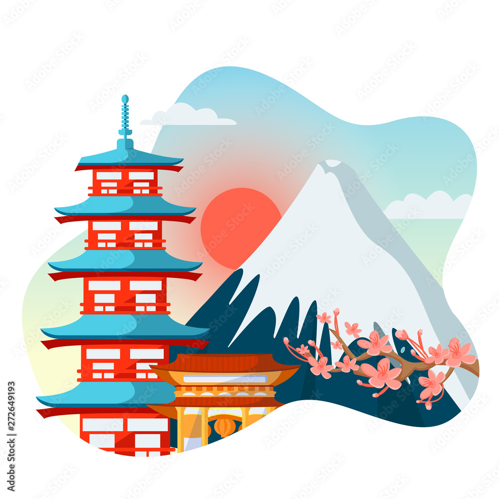 Japanese pagoda, sakura flowers on Fuji mountain background. Travel to Japan isolated vector cartoon illustration.