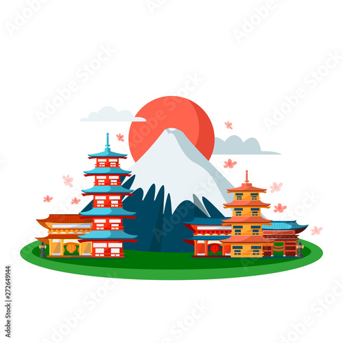 Japanese symbols. Vector cartoon illustration, isolated on white background. Tokyo pagoda buildings and Fuji mountain
