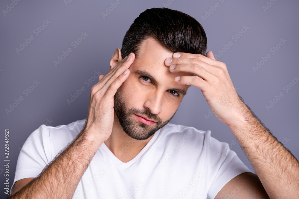 Close up photo amazing he him his macho perfect appearance touch arm hand forehead not sure quality stylist visit not smiling look mirror bath shower wear casual white t-shirt isolated grey background Close up photo amazing he him his macho perfect appearance touch arm hand forehead not sure quality stylist visit not smiling look mirror bath shower wear casual white t-shirt isolated grey background