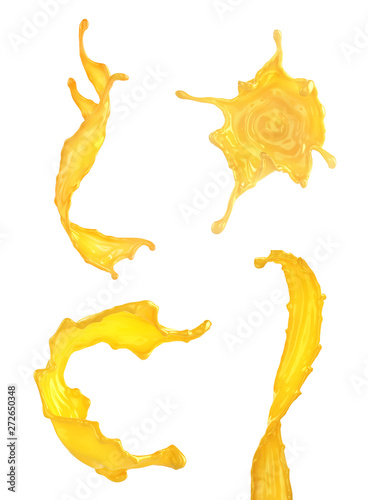 Bild auf Leinwand Set of different splashes of orange juice isolated on a white background